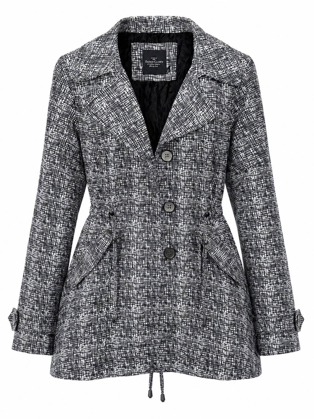 Faded Glory Women's L Black White Print Belted Lightweight Trench Coat Jacket